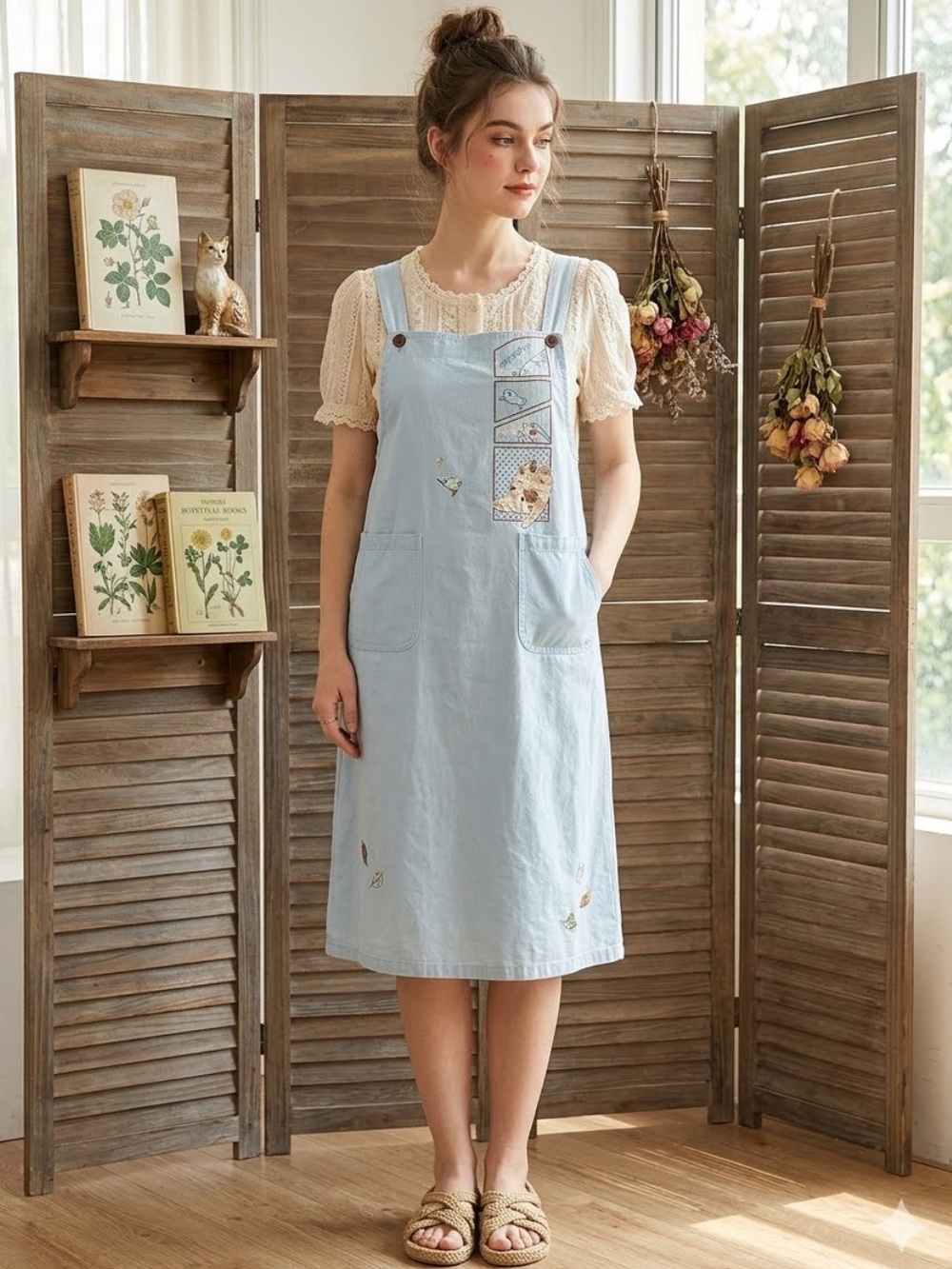 Hikosen Cara Pinafore Midi Overall Dress Small Kittens Cottagecore 100% Cotton
